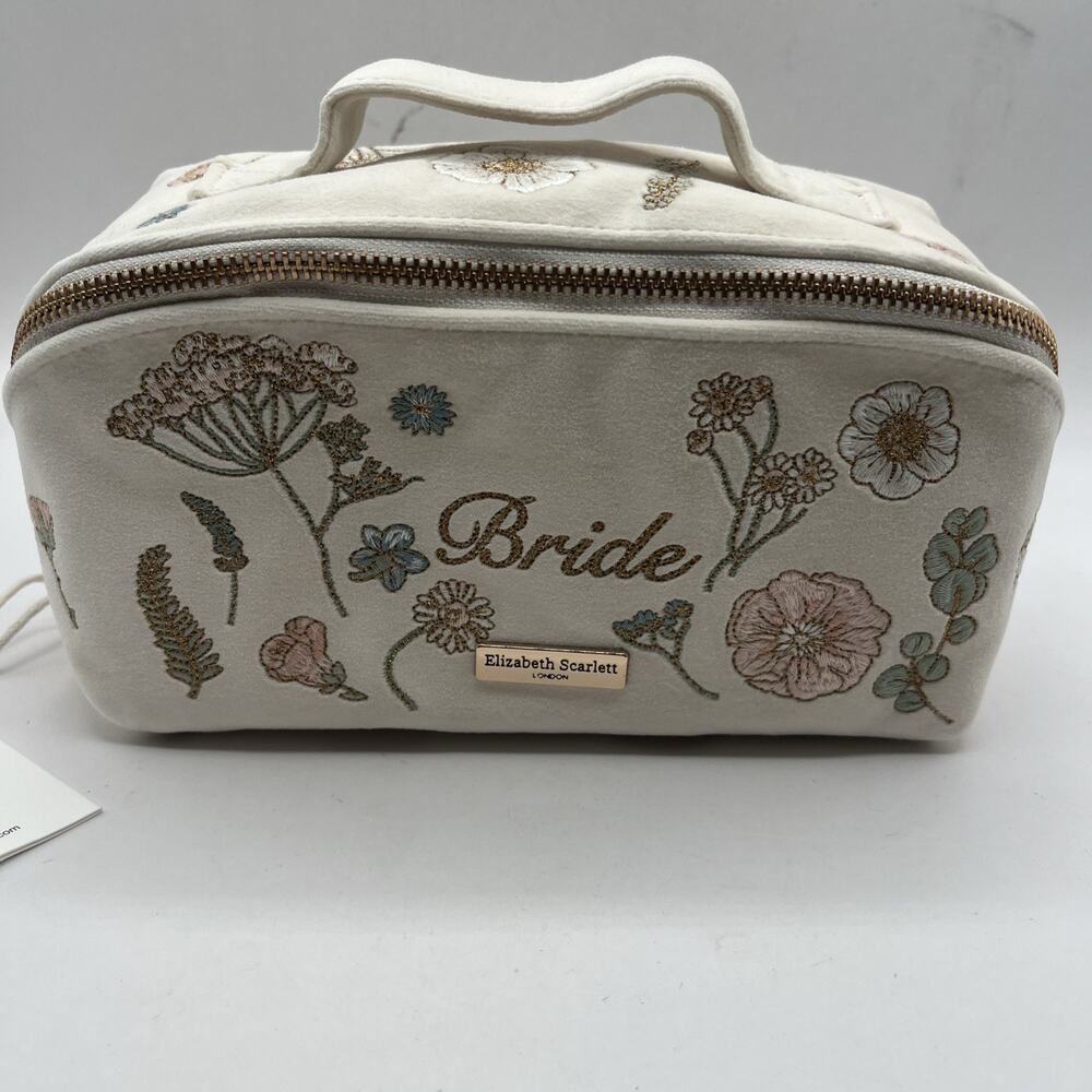 ELIZABETH SCARLETT LONDON PRESSED FLOWERS MAKEUP BAG EMBROIDERED Cream VELVET